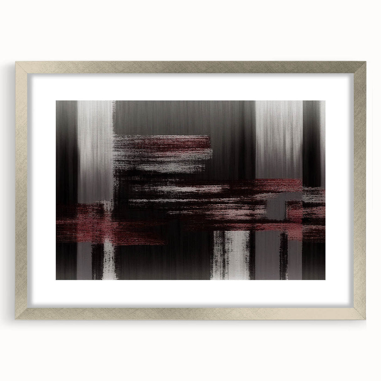 Abstract wall art featuring dynamic strokes and lines in muted tones, framed with a sleek silver mat, ideal for modern home decor or office aesthetics.