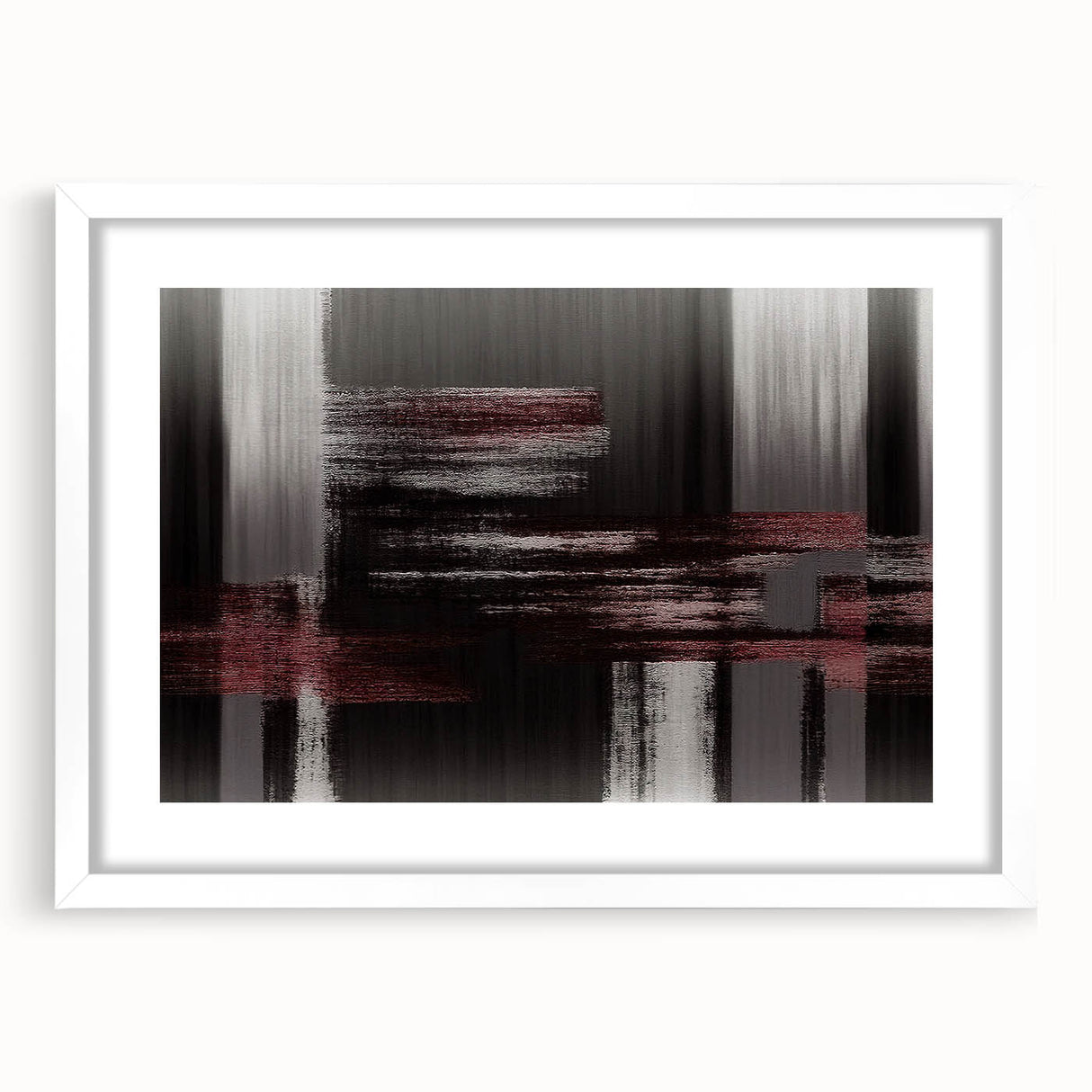 Abstract wall art featuring a contemporary design of colorful strokes and lines, framed with a white mat, ideal for modern home decor. This piece enhances any living space with its vibrant colors and artistic flair, perfect for art enthusiasts seeking to elevate their interiors.
