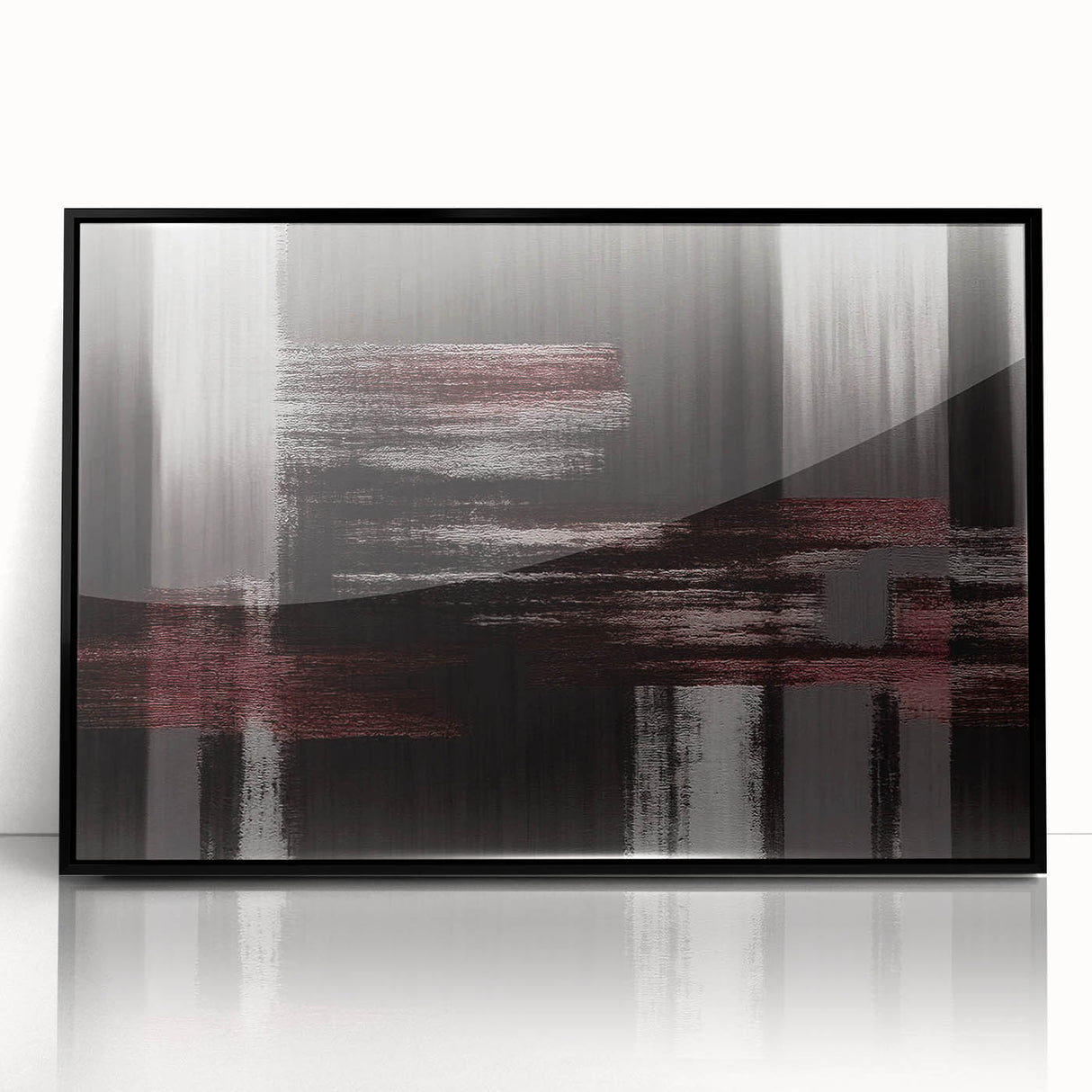 Framed wall art piece showcasing an abstract design with colorful strokes and lines, featuring a sleek black frame, ideal for modern home decor.
