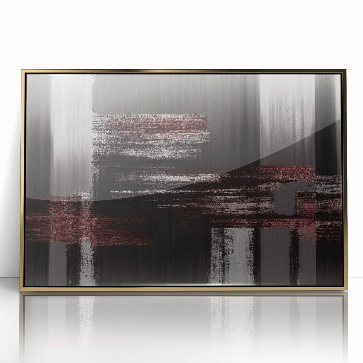 Abstract wall art design featuring vibrant strokes and lines in shades of gold, framed with a sleek acrylic finish, perfect for modern home decor.