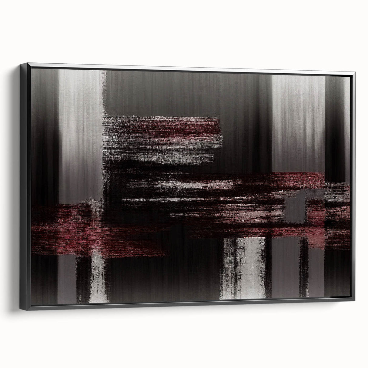Framed wall art featuring an abstract design of strokes and lines in a minimalist style. The canvas has a black frame, enhancing the modern aesthetic, ideal for contemporary home decor.