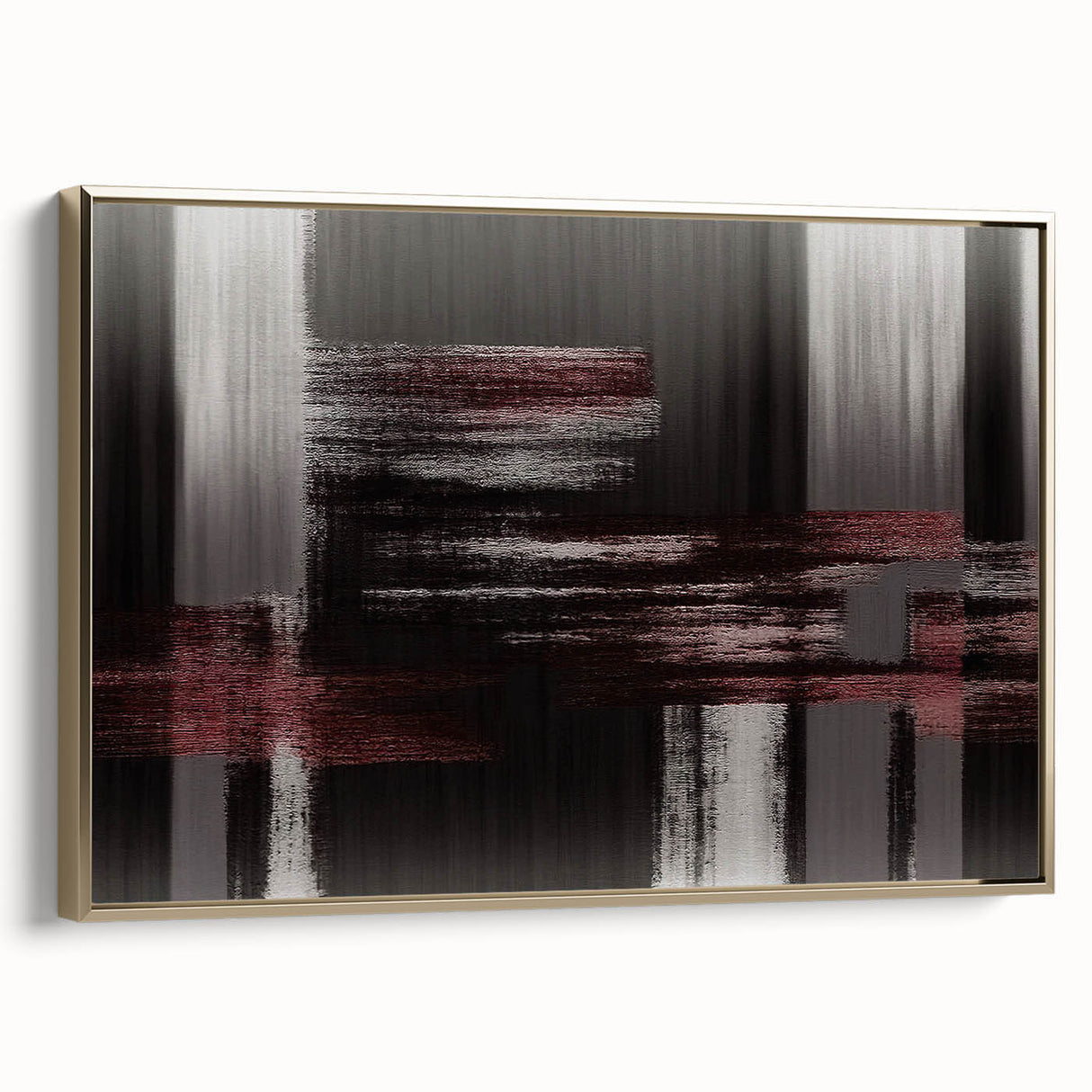 Framed canvas wall art showcasing an abstract design with gold strokes and lines, set against a white background, perfect for modern home decor.
