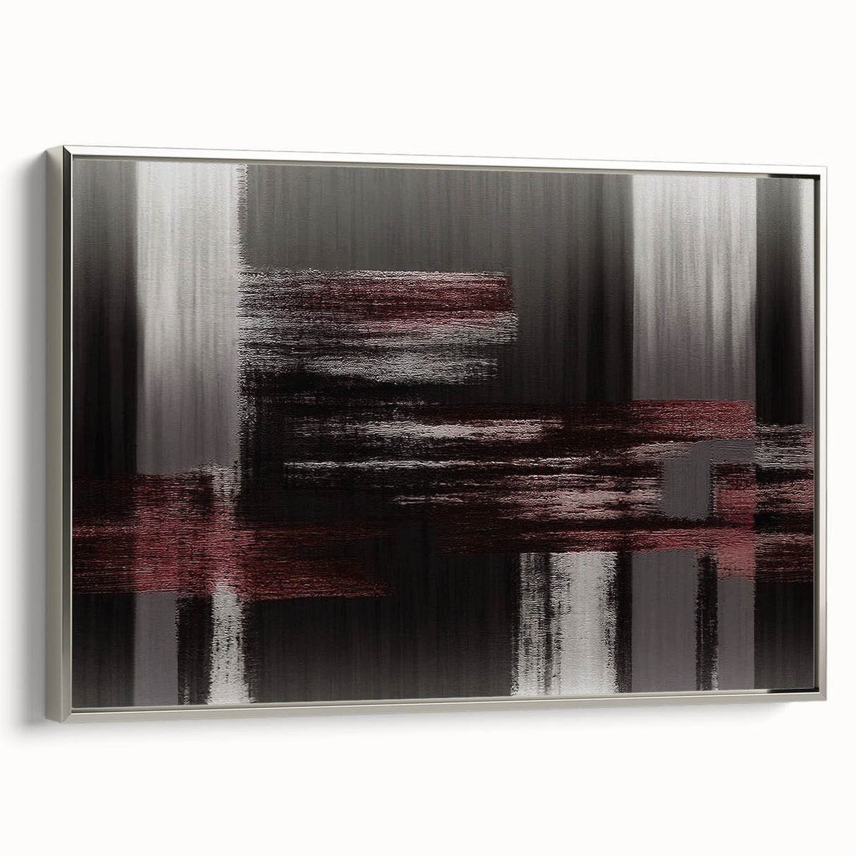 Framed wall art featuring an abstract design of strokes and lines in muted tones, with a sleek silver frame, perfect for modern home decor.