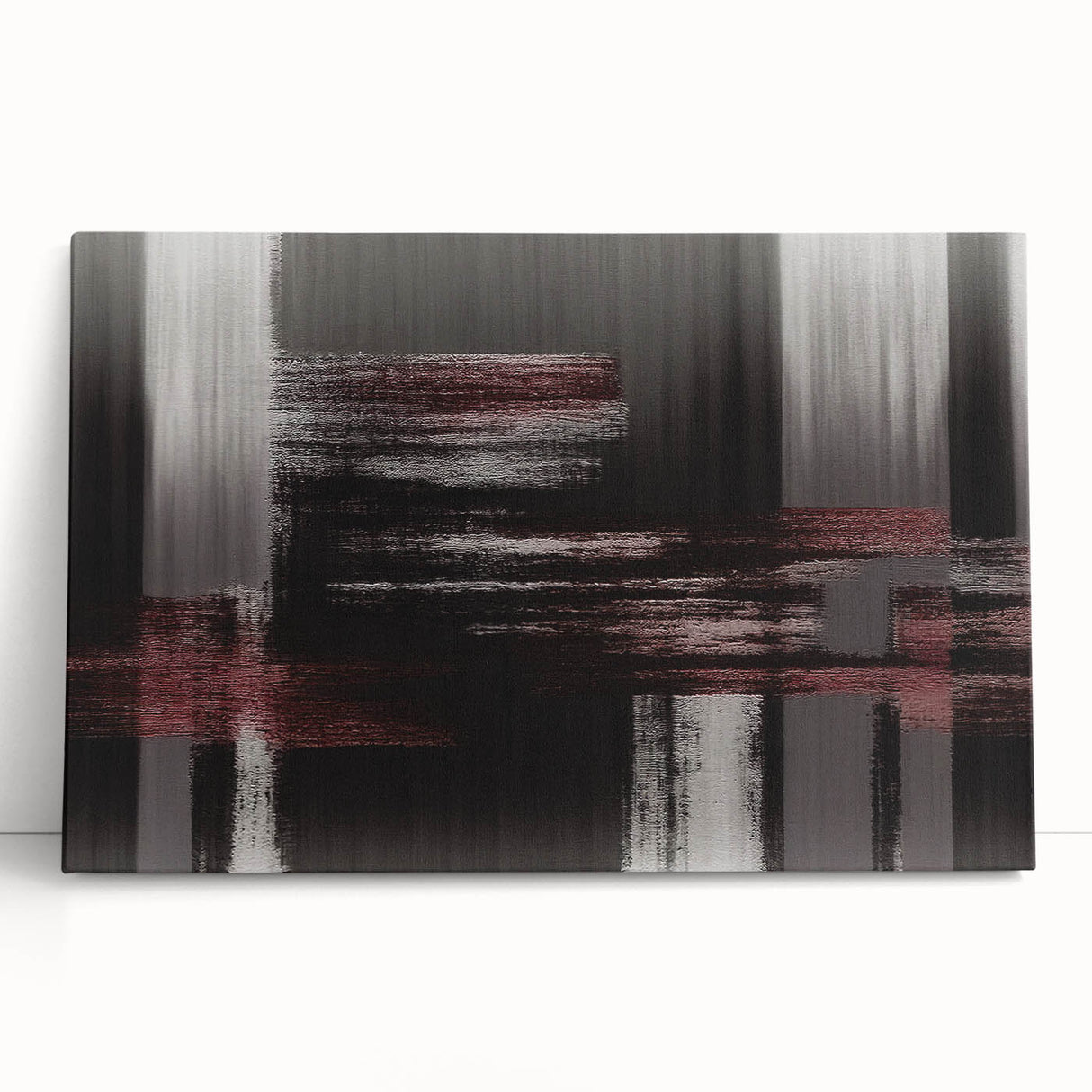 Abstract canvas wall art featuring colorful strokes and lines in vibrant hues of blue, orange, and yellow, perfect for modern home decor. This stretched design leans elegantly against a wall, showcasing its contemporary style and artistic flair.
