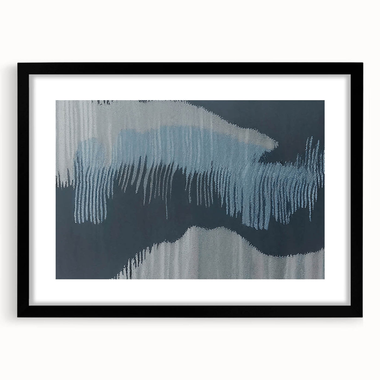 Abstract wall art design featuring colorful strokes and lines in a modern style, framed with a sleek black mat, perfect for contemporary home decor.