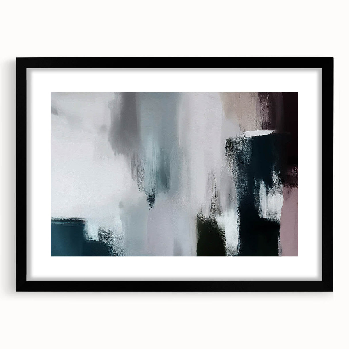 Abstract wall art design showcasing dynamic strokes and lines in a modern black frame with a mat, perfect for contemporary home decor. Ideal for art enthusiasts looking to enhance their space.