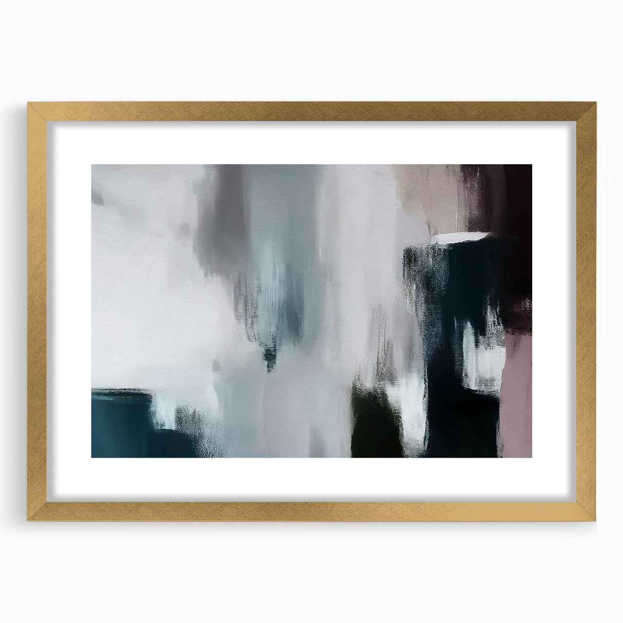 Abstract strokes and lines design wall art in a gold frame with matting, showcasing a modern aesthetic ideal for contemporary home decor. Perfect for enhancing living spaces.