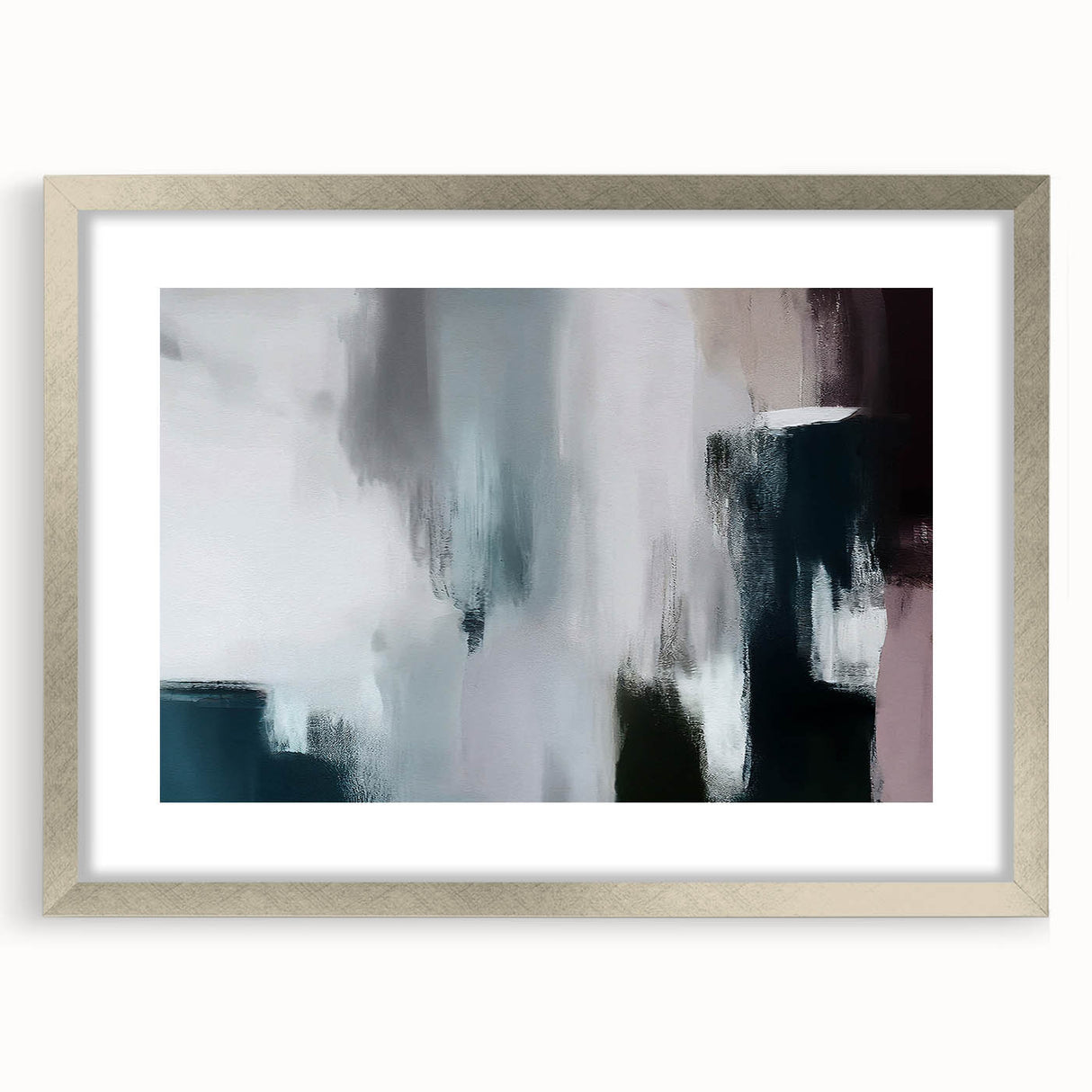 Abstract strokes and lines design wall art in a silver frame with matting, showcasing modern aesthetic for contemporary home decor, ideal for stylish interiors.