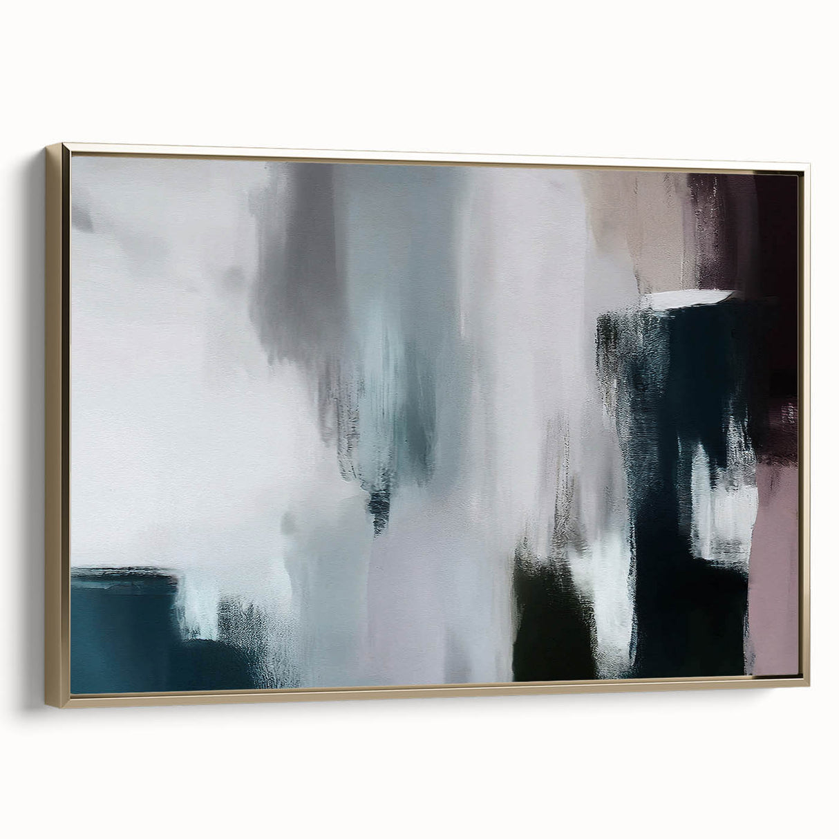 Framed canvas wall art showcasing an abstract design of golden strokes and lines, elegantly displayed in a modern setting, perfect for contemporary decor.