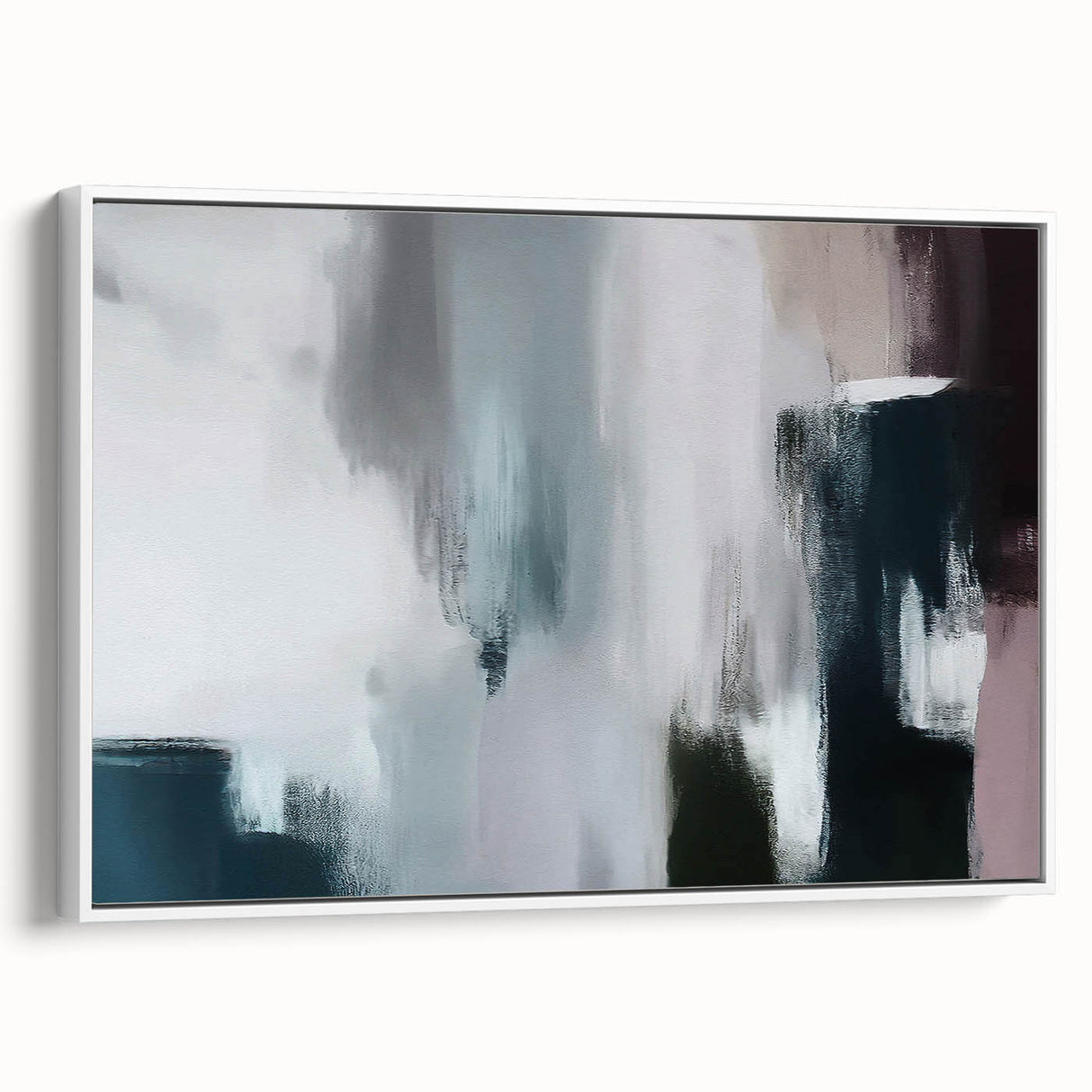 Framed canvas wall art showcasing an abstract design with bold strokes and lines in white and muted tones, perfect for modern home decor. Ideal for enhancing contemporary interiors.