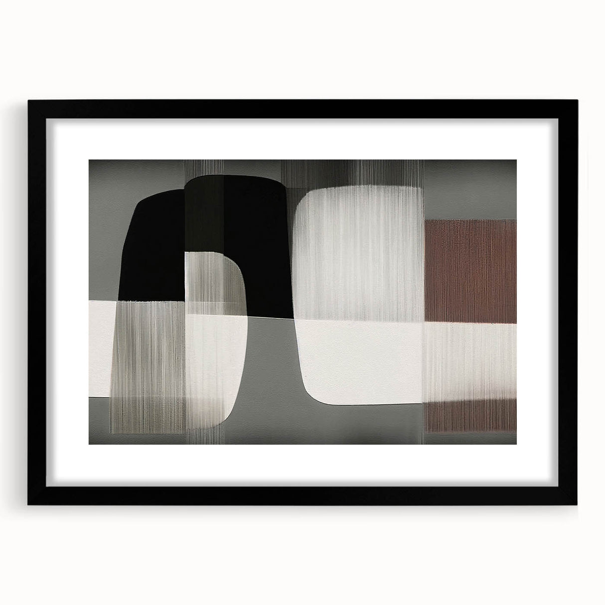 Abstract strokes and lines design in a black-framed wall art piece, featuring a modern aesthetic ideal for contemporary decor. The artwork showcases intricate patterns in muted colors, perfect for enhancing interior spaces.