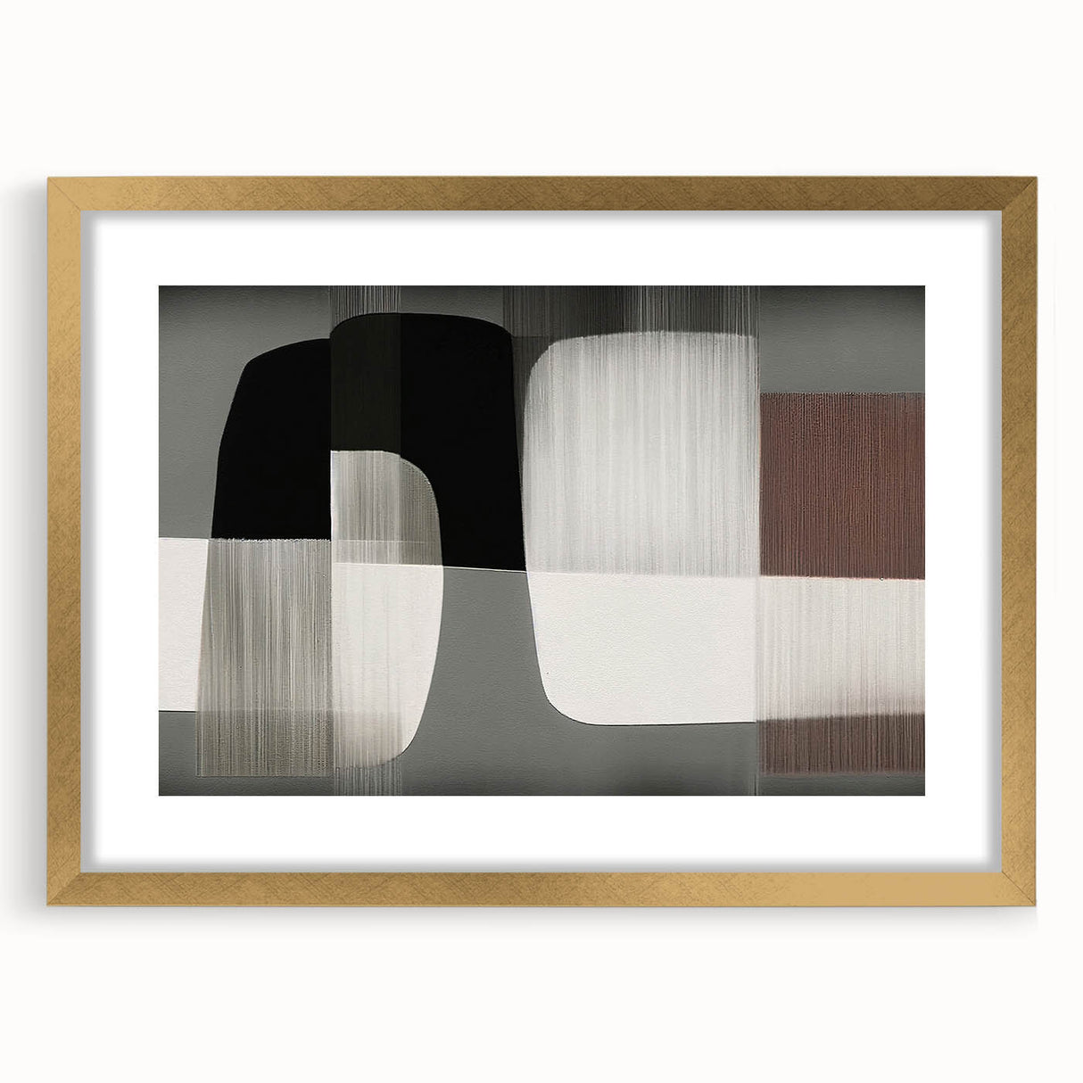 Abstract wall art featuring a modern design of gold strokes and lines in a sleek frame with matting, ideal for contemporary home decor. The piece adds a touch of elegance to any wall.