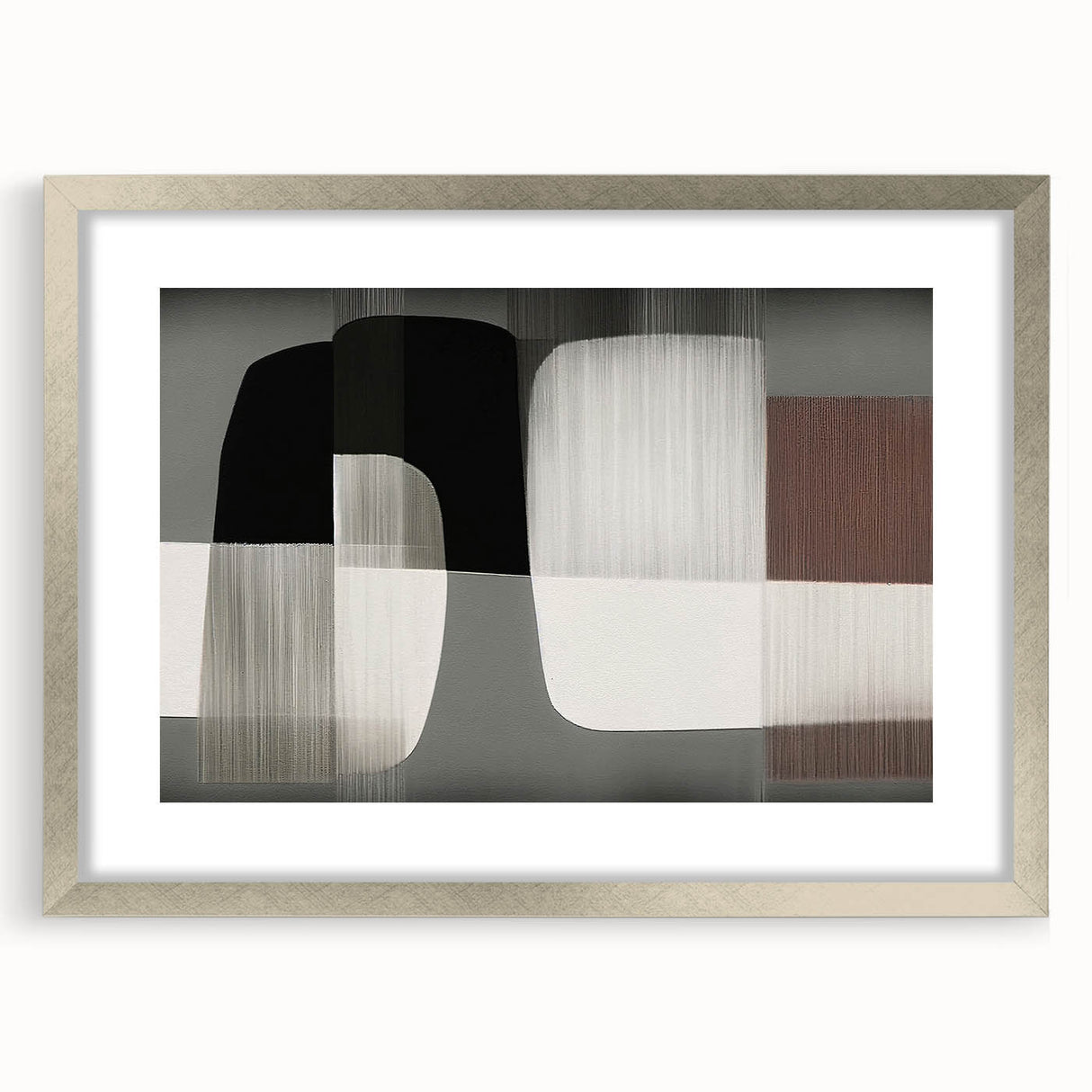Abstract strokes and lines design wall art in a silver frame with a mat, showcasing modern artistic style and vibrant colors, perfect for contemporary decor.
