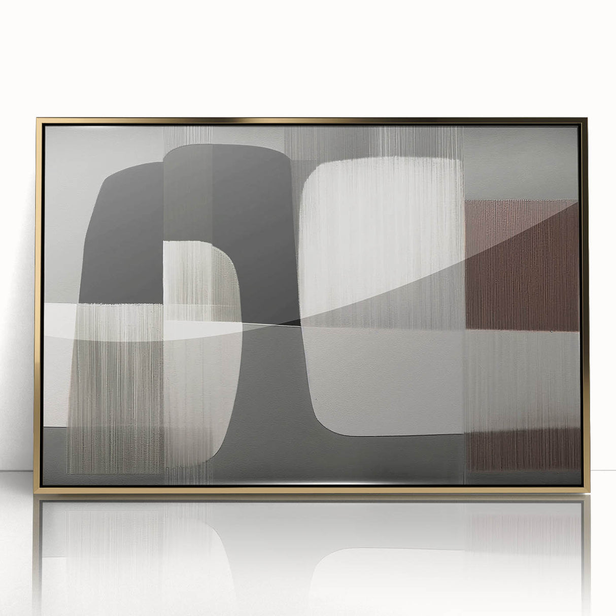 Framed acrylic wall art featuring an abstract design of gold strokes and lines, elegantly showcasing modern aesthetics with a sleek front view, perfect for contemporary decor.