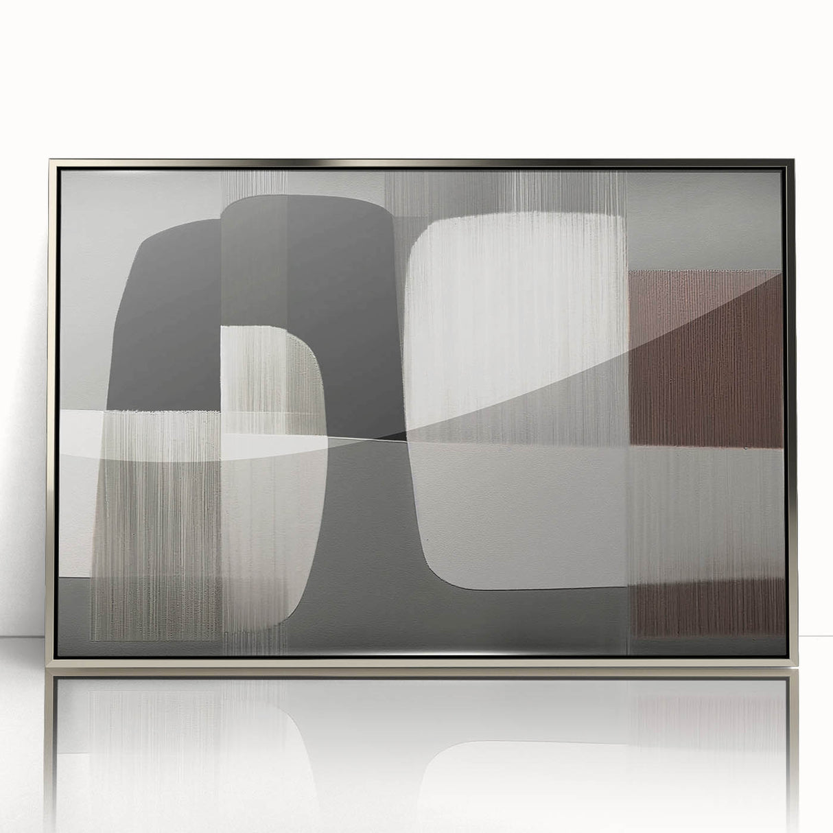 Framed wall art featuring an abstract design of silver strokes and lines, elegantly showcased in a sleek frame, perfect for modern decor.