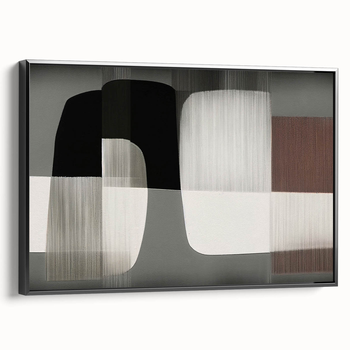 Framed canvas wall art showcasing an abstract design with black strokes and lines, viewed from the side, perfect for modern home decor.