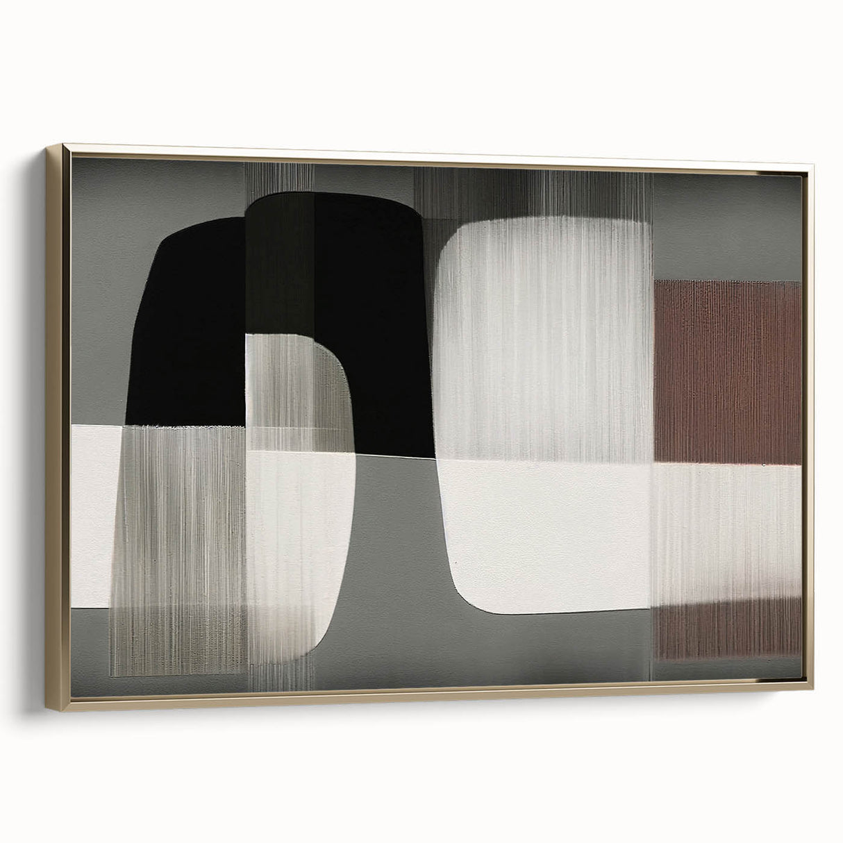 Framed canvas wall art showcasing an abstract design with golden strokes and lines, ideal for modern home decor. The side view highlights the sleek frame and elegant color palette.