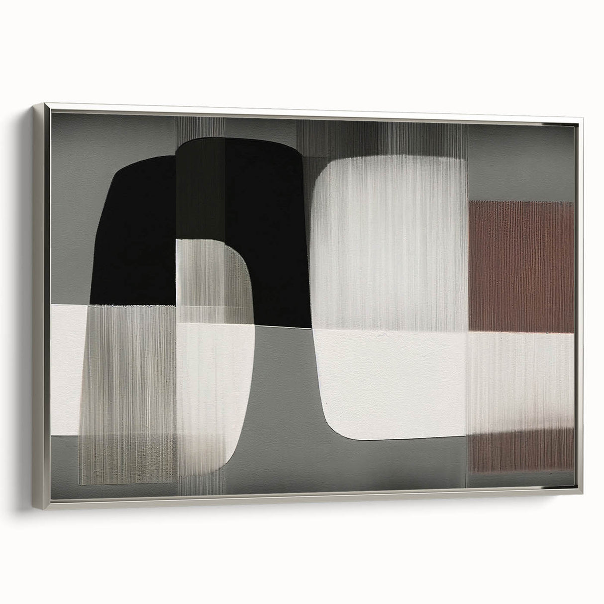 Framed canvas wall art showcasing an abstract design of strokes and lines in silver tones, perfect for modern home decor, displayed in a stylish setting.