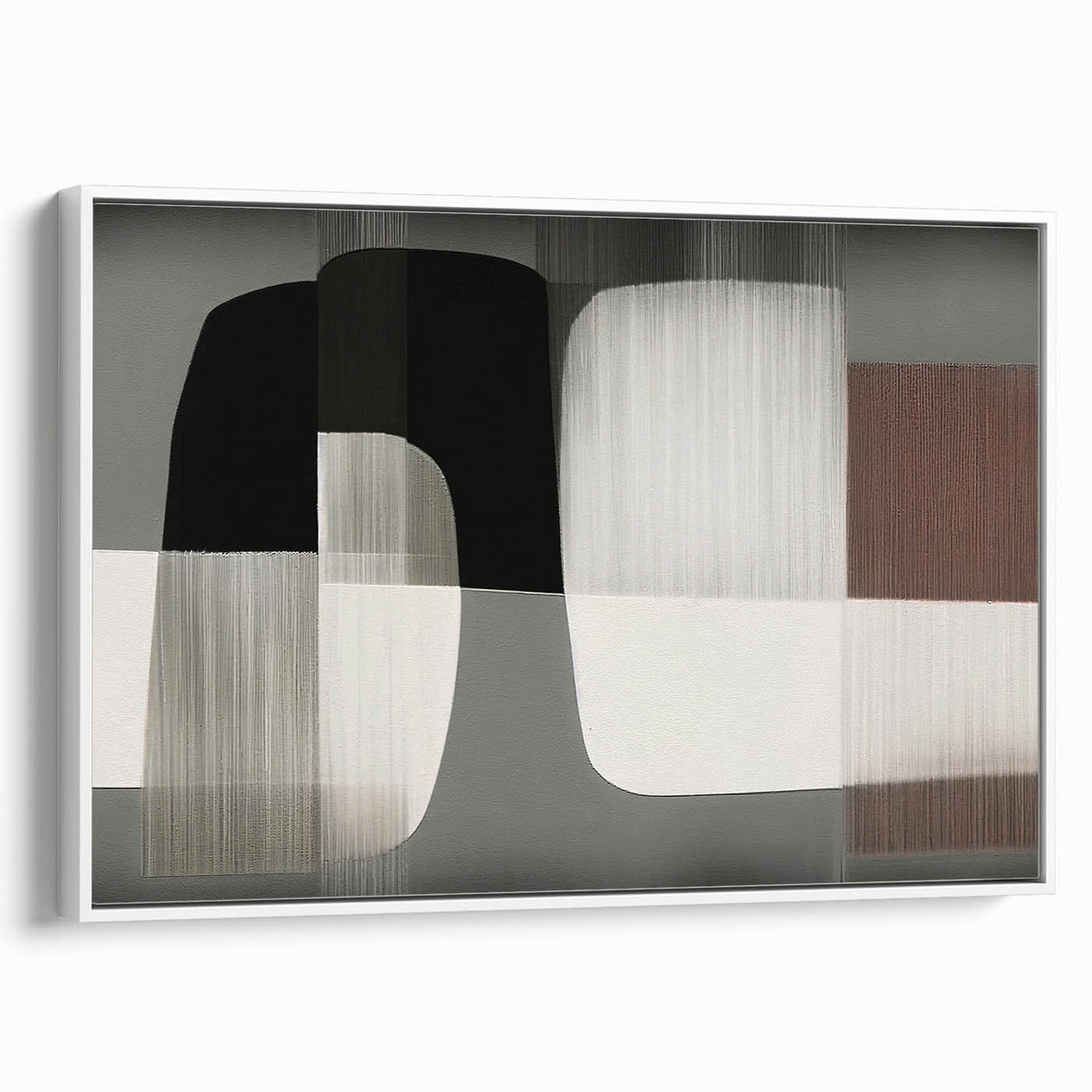 Framed canvas artwork showcasing an abstract design of strokes and lines in soft white and gray tones, perfect for contemporary home decor. This piece adds a modern touch to any room, enhancing aesthetic appeal with its elegant simplicity.