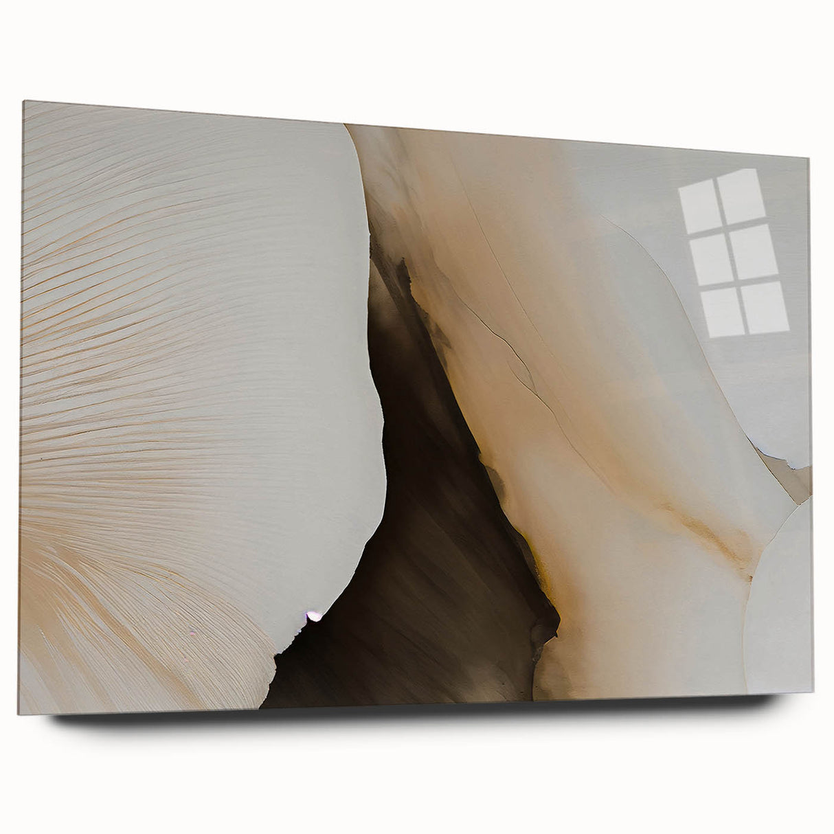 Abstract wall art featuring vibrant strokes and lines in a contemporary design, displayed in an acrylic glass frame, showcasing a side view without pins.