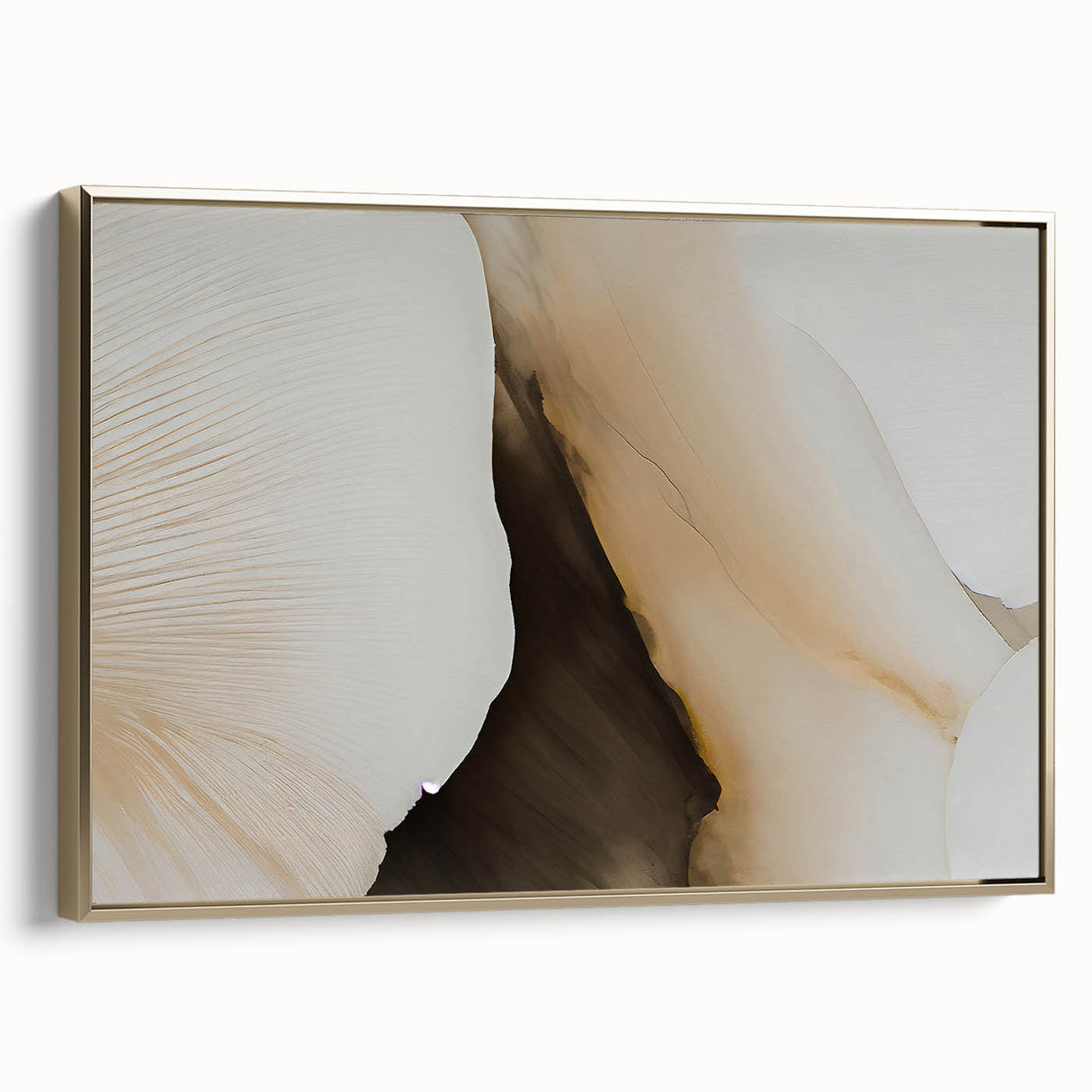 Framed canvas artwork showcasing an abstract design of dynamic strokes and lines in gold and neutral tones, perfect for modern home decor.