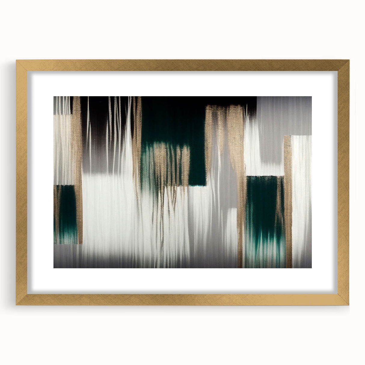 Abstract wall art featuring a collection of colorful strokes and lines in a modern design, framed with a gold mat, ideal for enhancing contemporary decor. The composition showcases vibrant hues and intricate patterns, making it a striking focal point for any room.