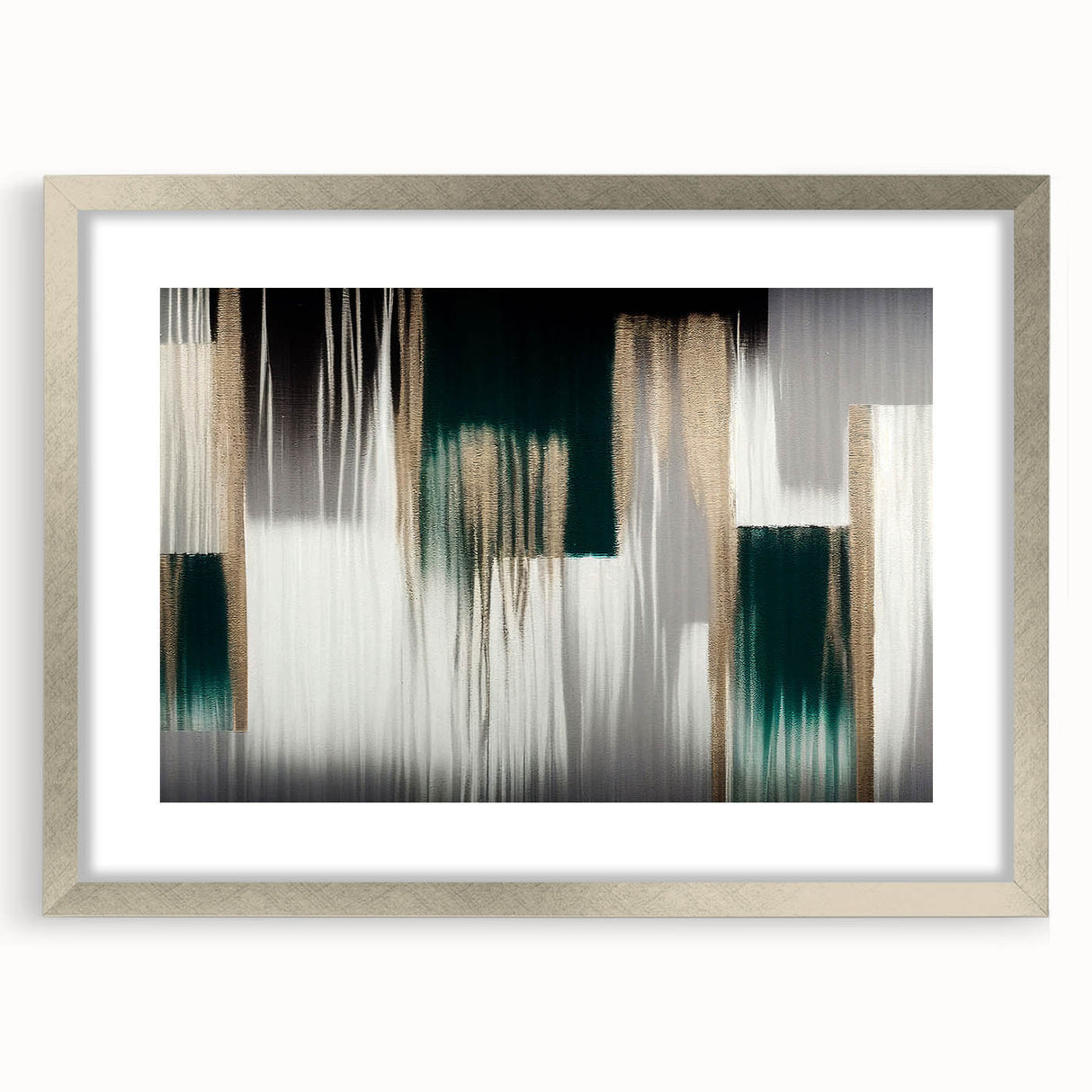 Abstract strokes and lines design in a stylish silver frame, showcasing a modern wall art piece with a mat. Perfect for contemporary home decor.