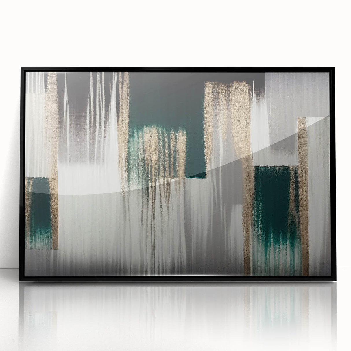 Framed wall art featuring an abstract design of colorful strokes and lines, set against a sleek black frame, perfect for modern home decor.