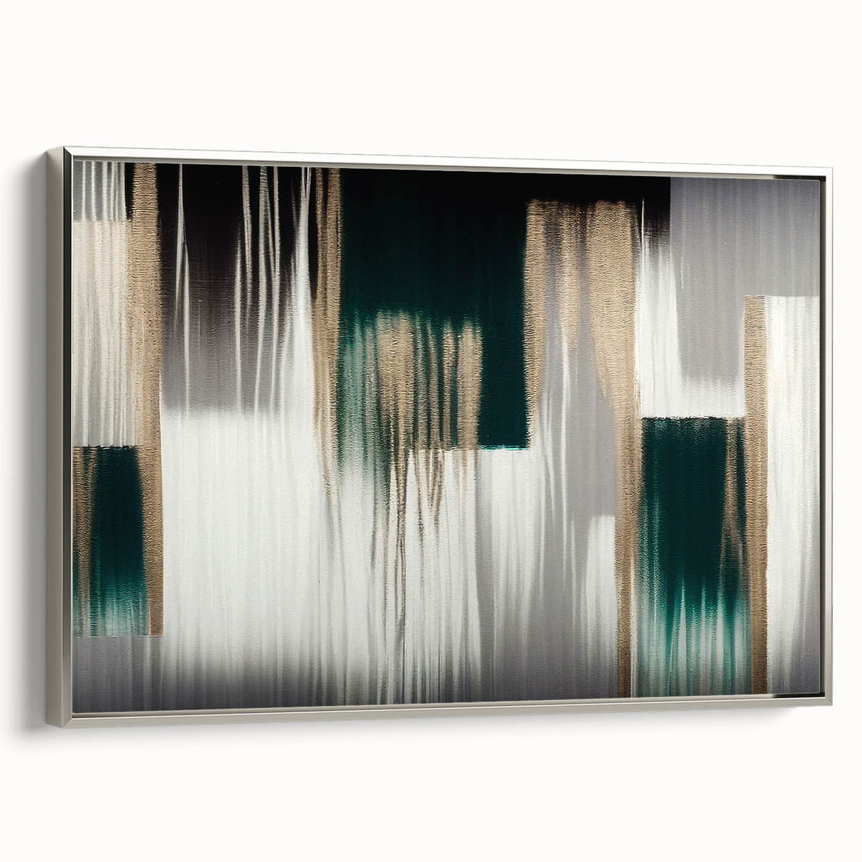 Framed canvas wall art showcasing an abstract design of strokes and lines in soft silver tones, perfect for modern home decor. Ideal for enhancing living spaces.