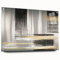 Acrylic glass wall art featuring an abstract design with colorful strokes and lines, displayed from a side view, showcasing its sleek modern aesthetic and mounted with pins.