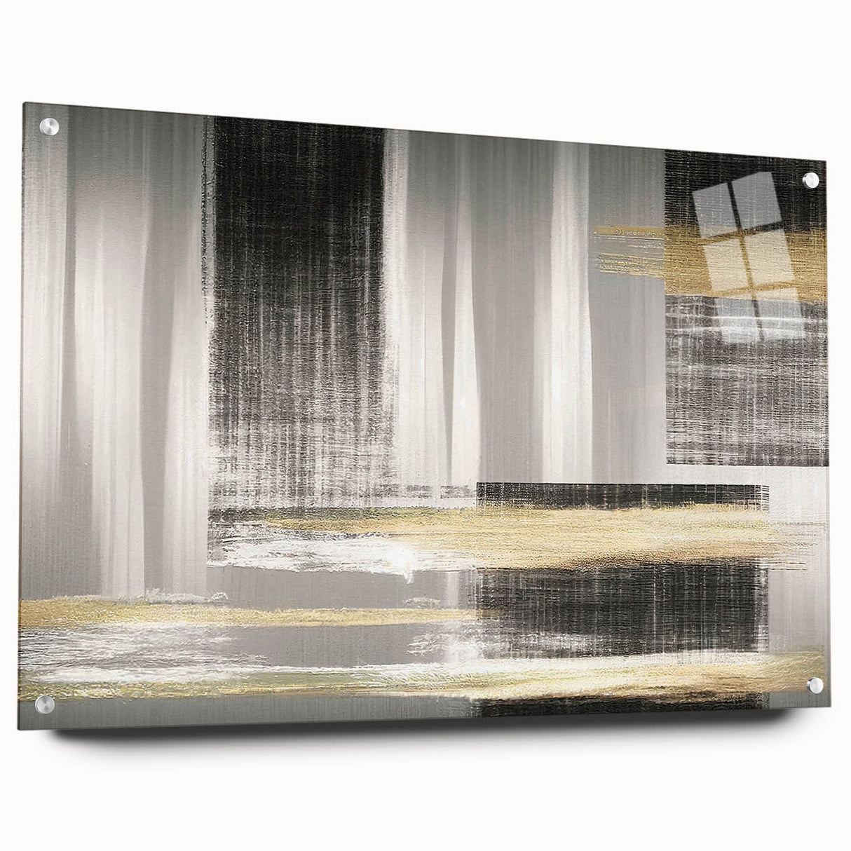 Acrylic glass wall art featuring an abstract design with colorful strokes and lines, displayed from a side view, showcasing its sleek modern aesthetic and mounted with pins.
