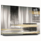 Acrylic glass wall art featuring an abstract design with colorful strokes and lines, displayed from a side view, showcasing its sleek modern aesthetic and mounted with pins.