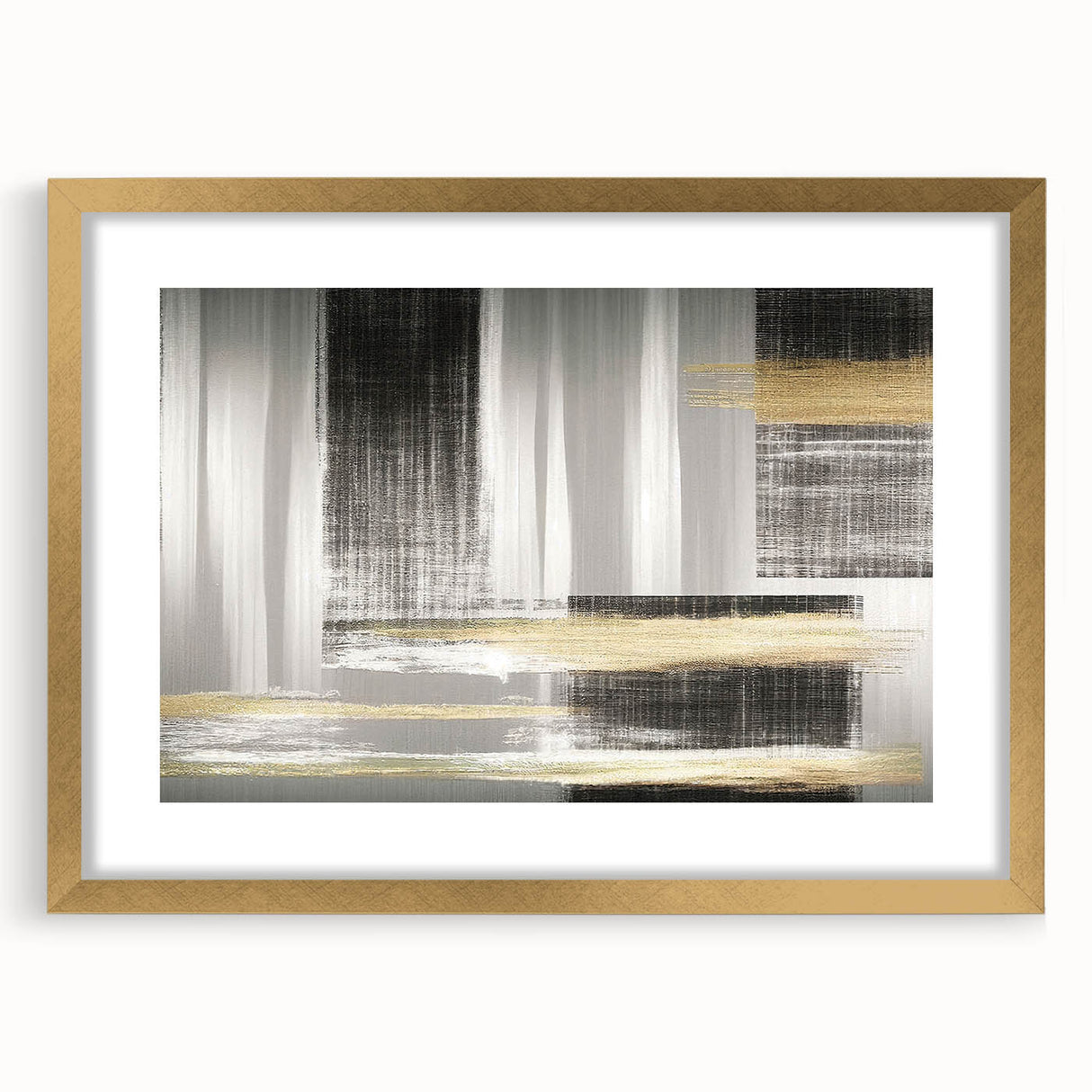 Abstract strokes and lines design wall art framed in gold, featuring a modern aesthetic with a mat finish, perfect for contemporary home decor. Ideal for adding elegance to living spaces.