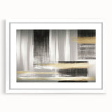 Abstract wall art featuring a modern design of colorful strokes and lines in a white frame with matting, ideal for contemporary home decor.