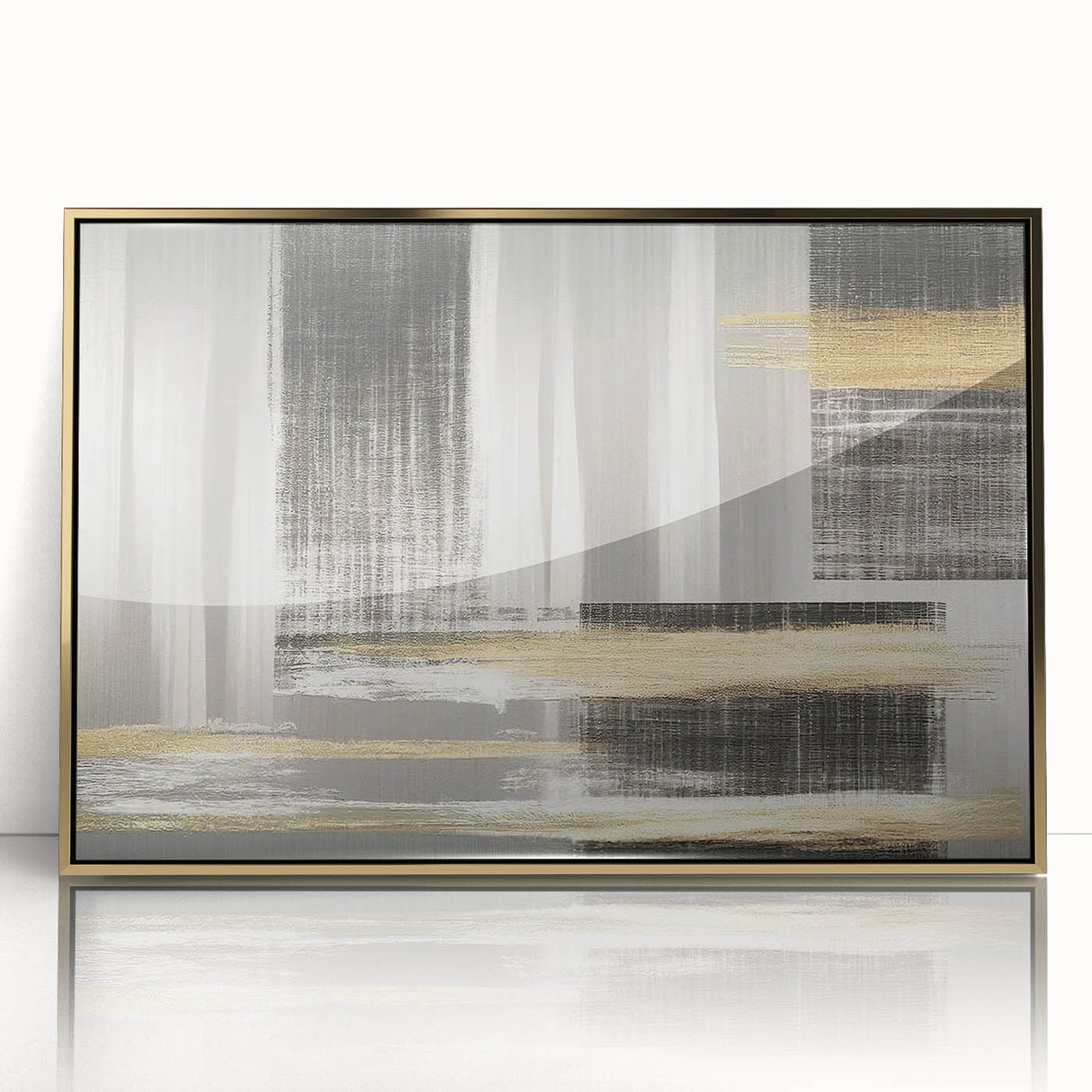 Framed abstract wall art featuring dynamic strokes and lines in gold and neutral tones, perfect for modern home decor. Ideal for adding elegance to living spaces.
