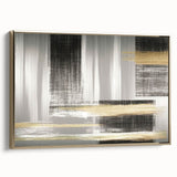 Framed canvas wall art showcasing an abstract design with gold strokes and lines, elegantly displayed from a side view, perfect for modern home decor.