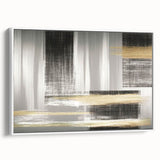 Framed wall art featuring an abstract design of colorful strokes and lines on a white background, showcasing modern artistry perfect for contemporary home decor.