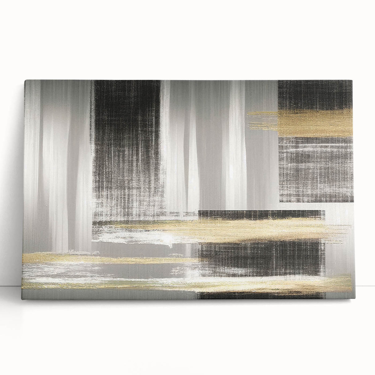 Abstract canvas wall art featuring dynamic strokes and lines in a blend of blue and gold hues, elegantly leaning against a neutral backdrop, perfect for modern home decor.