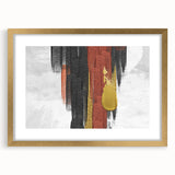 Abstract wall art featuring vibrant strokes and lines in gold and neutral tones, elegantly framed with a mat, perfect for modern decor and enhancing living spaces.