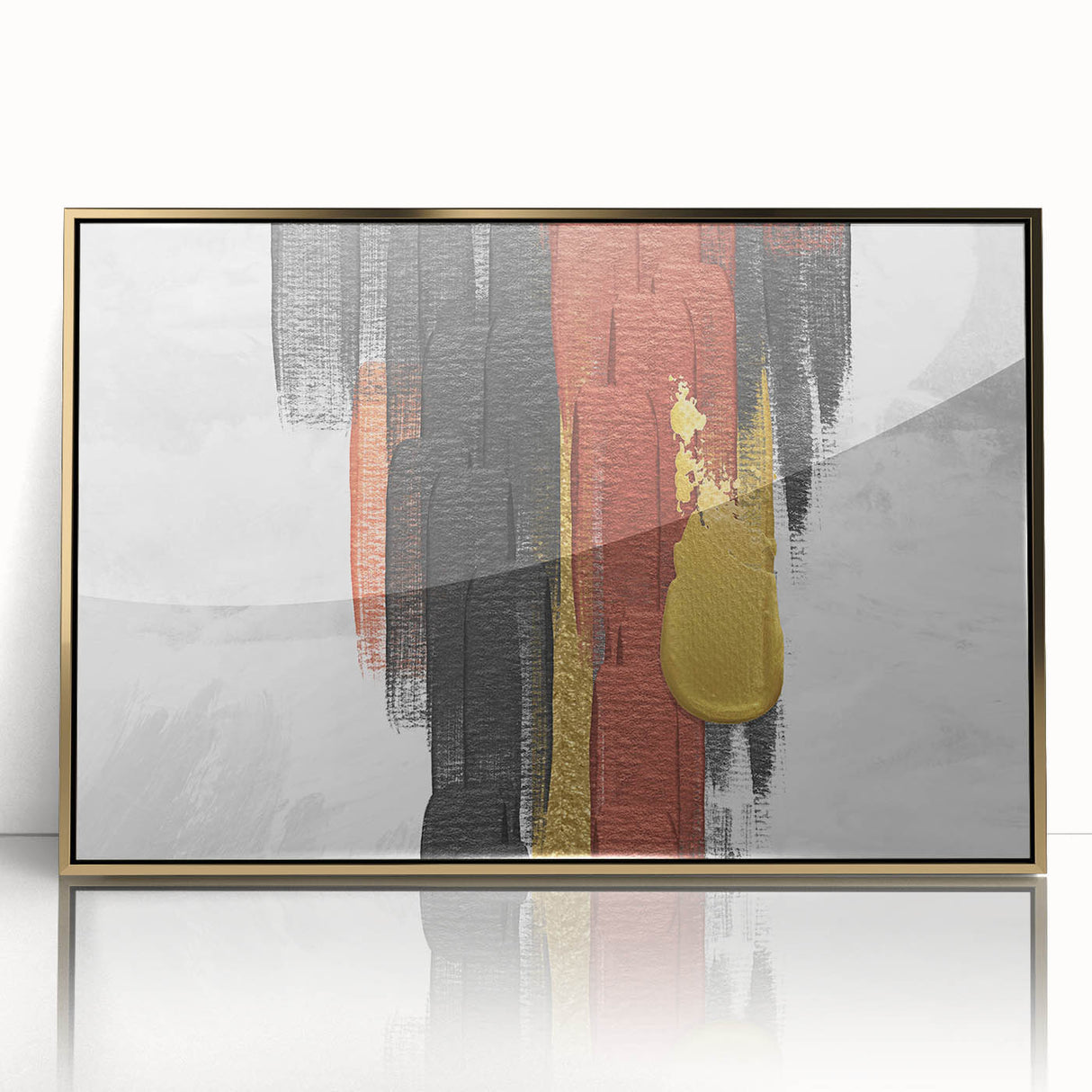Framed abstract wall art featuring dynamic strokes and lines in gold and white, set against a modern backdrop, perfect for contemporary home decor.
