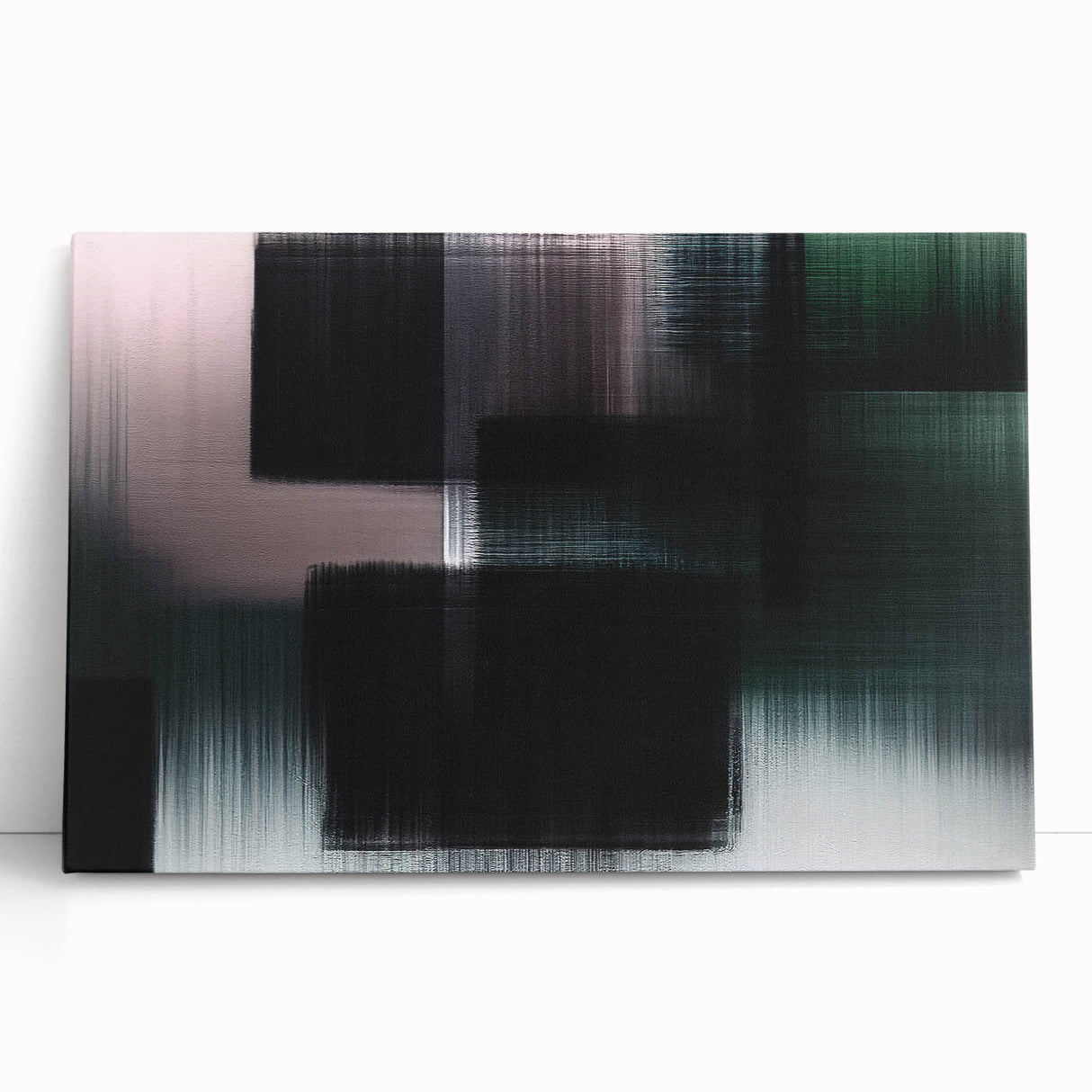 Abstract wall art featuring colorful strokes and lines on a stretched canvas, showcasing a modern design ideal for home decor, leaning against a wall.