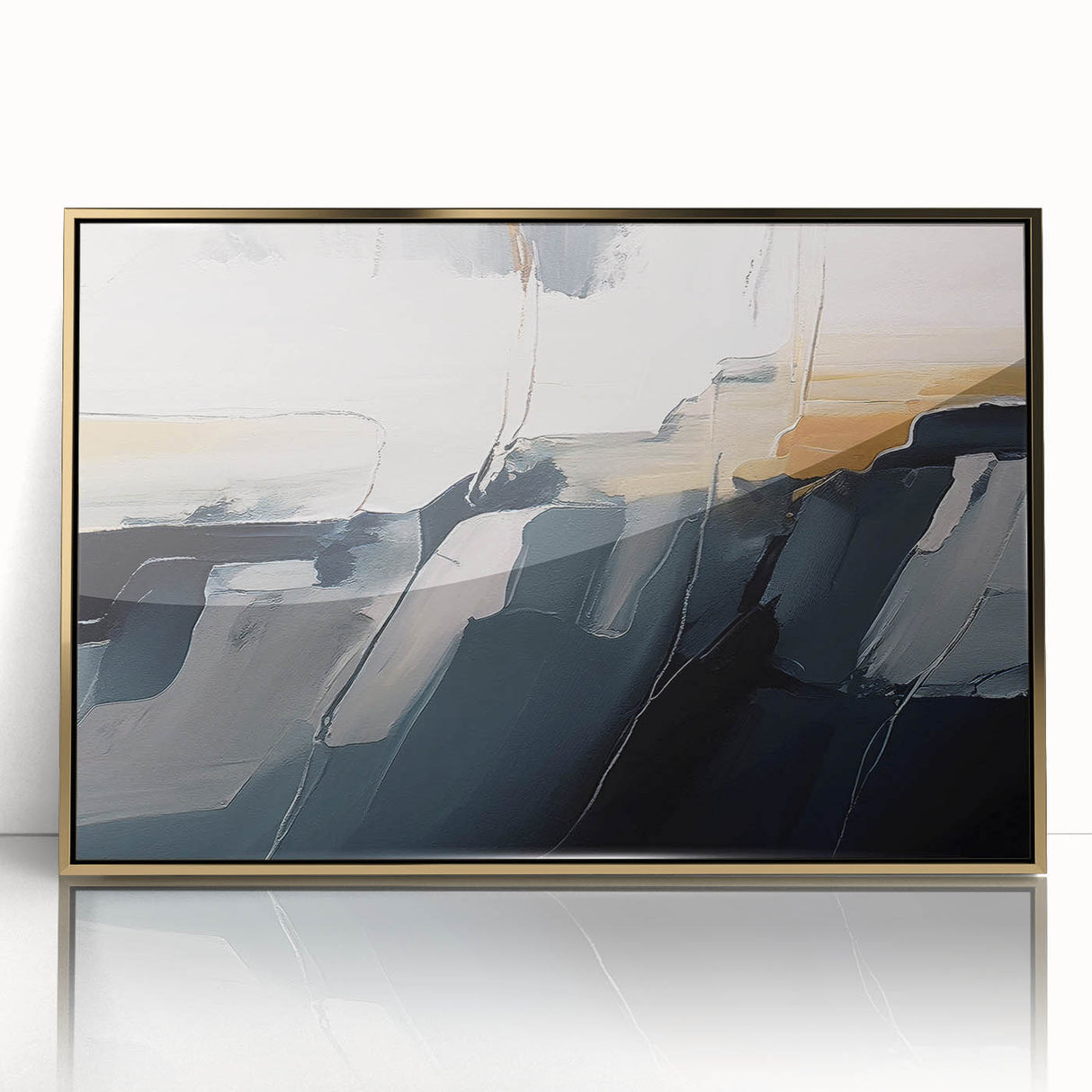 Framed acrylic wall art featuring an abstract design of gold strokes and lines, elegantly displayed against a minimalist background, perfect for modern decor.