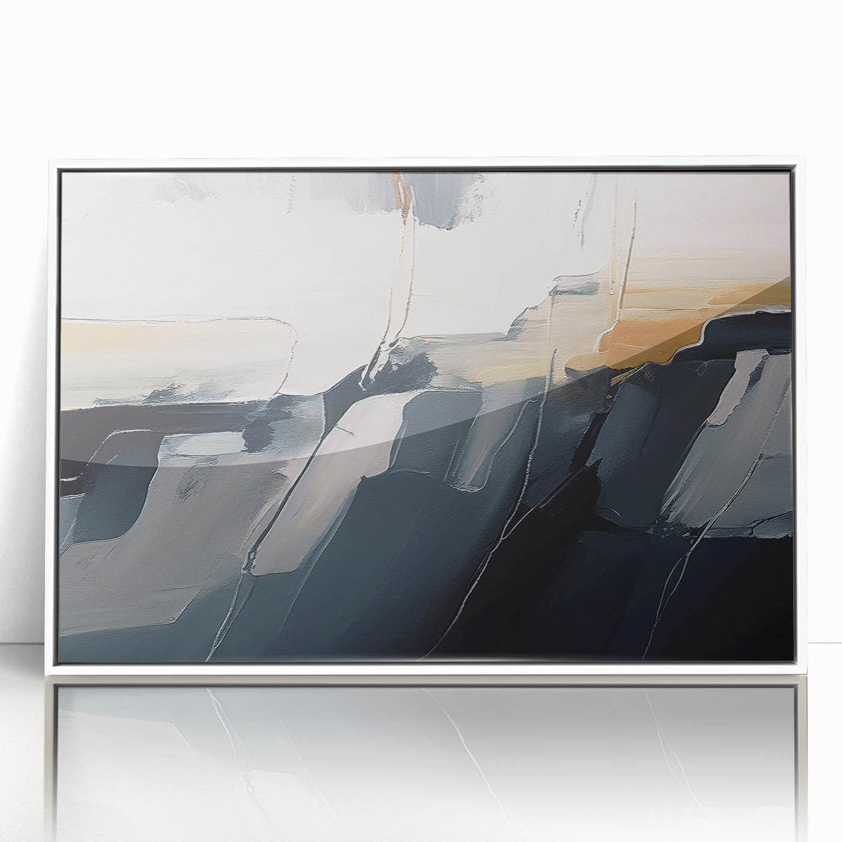 Framed wall art displaying an abstract design of colorful strokes and lines, featuring a white frame, perfect for modern decor in living spaces.