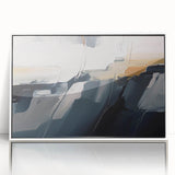 Framed wall art displaying an abstract design of colorful strokes and lines, featuring a white frame, perfect for modern decor in living spaces.