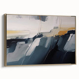 Framed wall art showcasing an abstract design with gold strokes and lines, elegantly displayed in a modern setting, perfect for contemporary home decor.