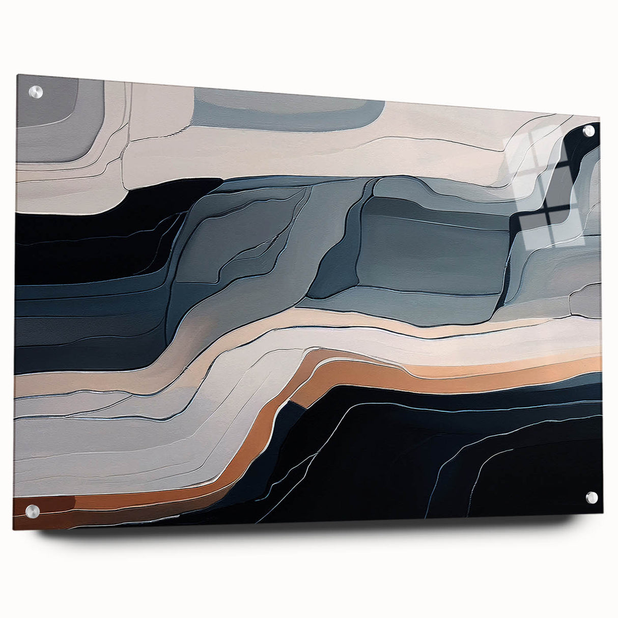 Abstract strokes and lines design wall art featuring vibrant colors and dynamic shapes, presented in a sleek acrylic glass frame with stylish pins for easy display.