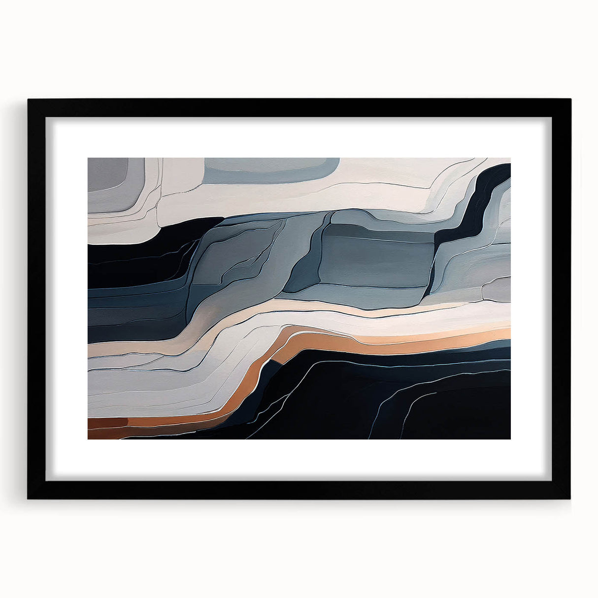 Abstract wall art featuring a dynamic composition of colorful strokes and lines, framed in black with a mat, perfect for modern home decor.