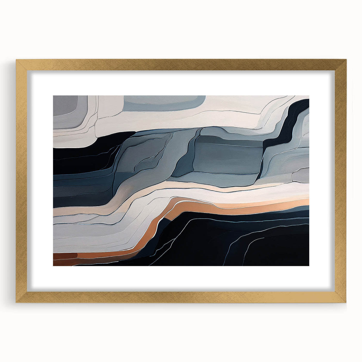 Abstract strokes and lines design in a gold-framed wall art piece, showcasing modern artistic flair with a mat for an elegant finish, perfect for contemporary decor.