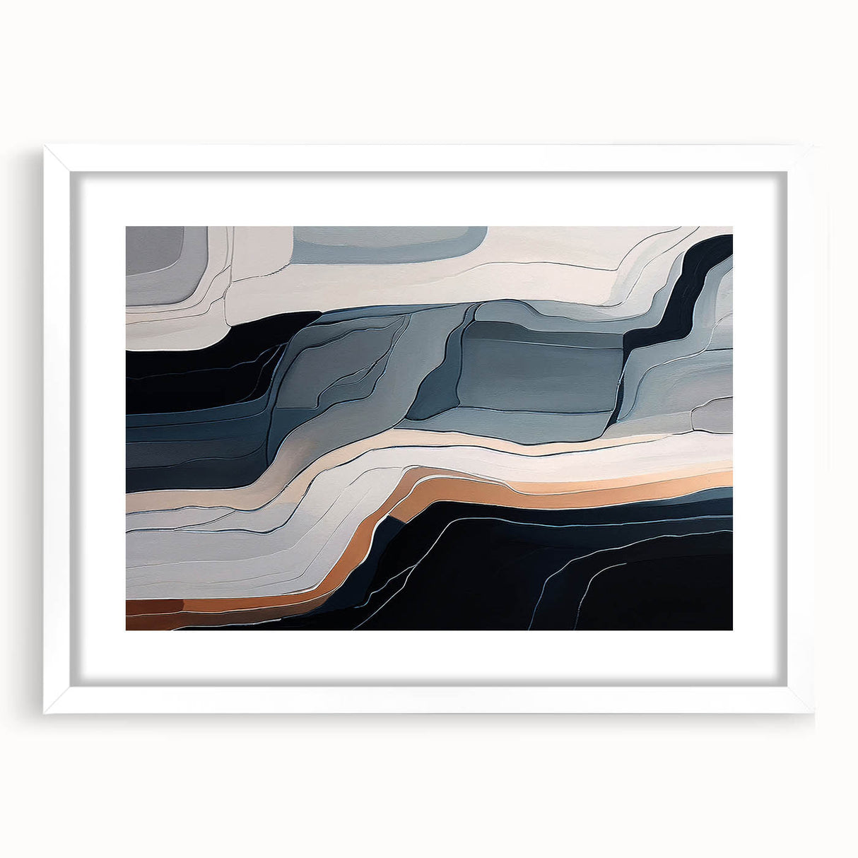 Abstract strokes and lines design wall art, framed with a white mat, showcasing a modern aesthetic ideal for contemporary home decor. Perfect for living rooms or offices.