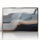 Framed acrylic wall art showcasing an abstract design with dynamic strokes and lines in silver tones, perfect for modern home decor enhancement.